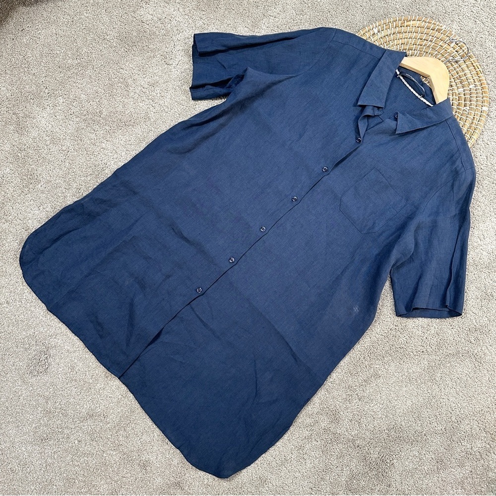 Marina Sport by Marina Rinaldi Linen Button Down Tunic Top Shortsleeve Navy 16